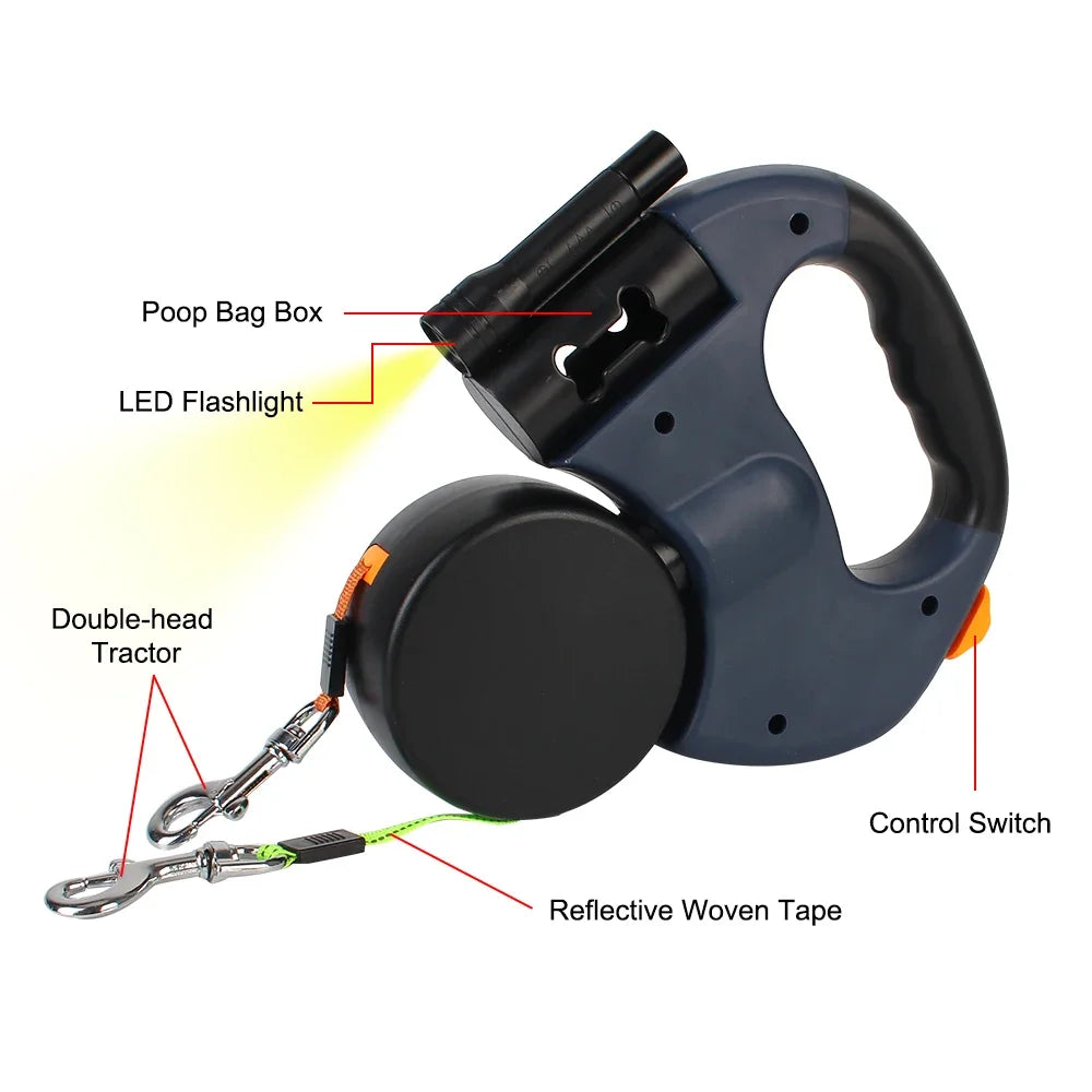 Premium 3M Retractable Double Dog Leash With LED Lights