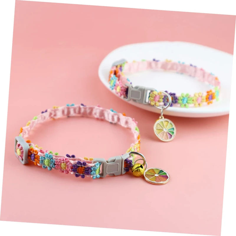 Fashion Rainbow Flower Cat Collar With Bell Kitten Puppy Necklace Adjustable Buckle Colorful Lace Kitten Collar Dog Accessories