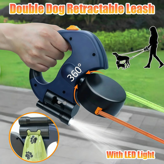 Premium 3M Retractable Double Dog Leash With LED Lights