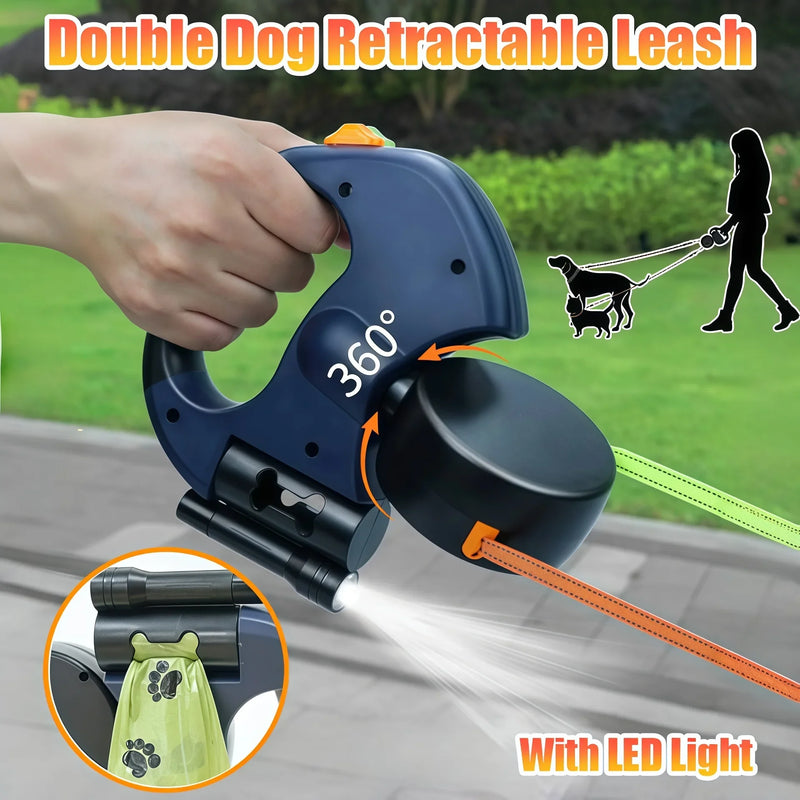 Premium 3M Retractable Double Dog Leash With LED Lights
