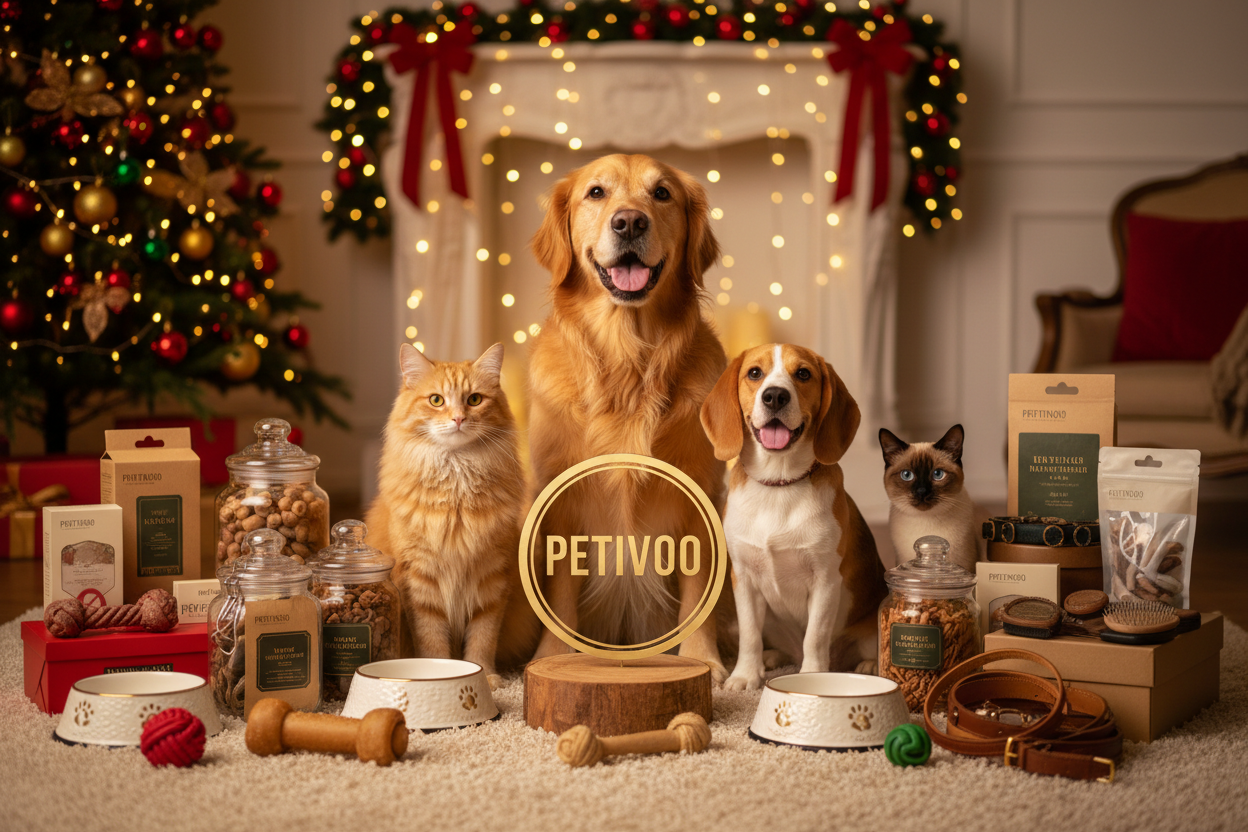 Realistec cats and dogs along side with pet supplies with the logo of PITVOO in the middle showing christmas vibes