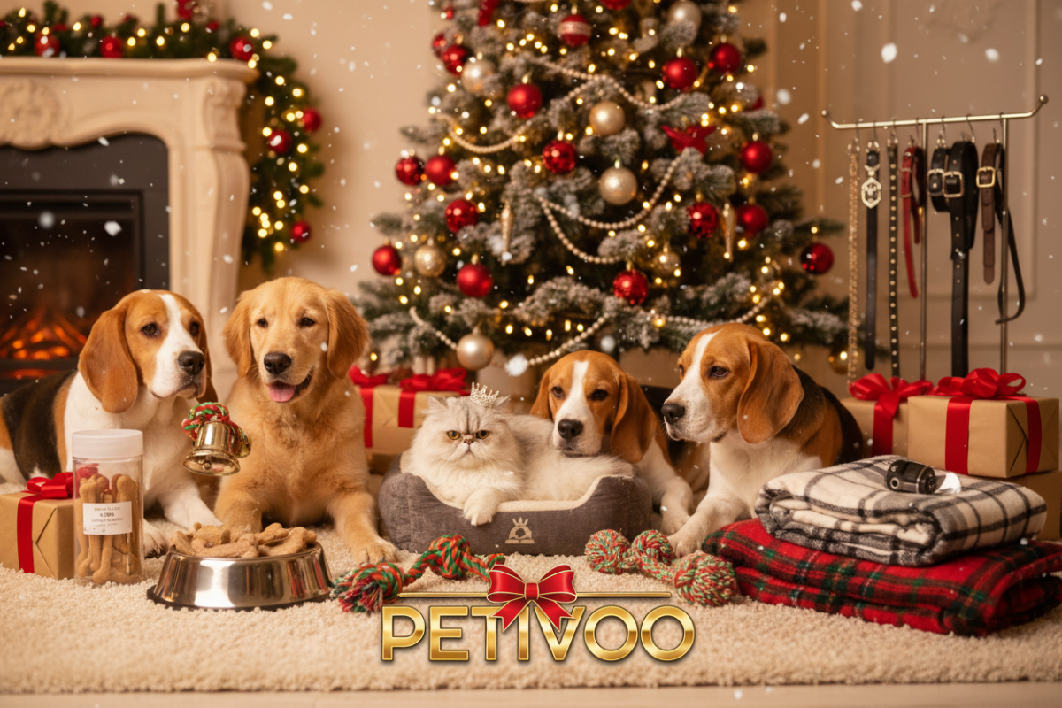 realistic cats and dogs along side with pet supplies with the logo of PETIVOO in the middle showing christmas vibes 